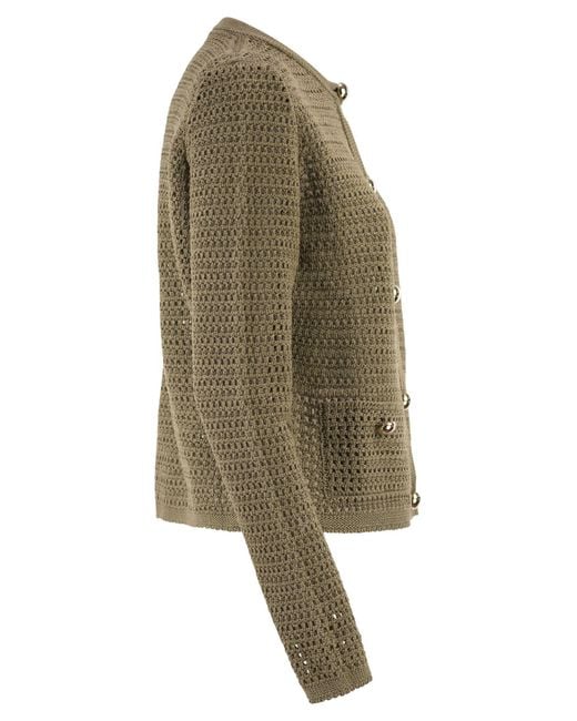 Fabiana Filippi Green Openwork Knitted Cotton Cardigan With Jewelled Buttons