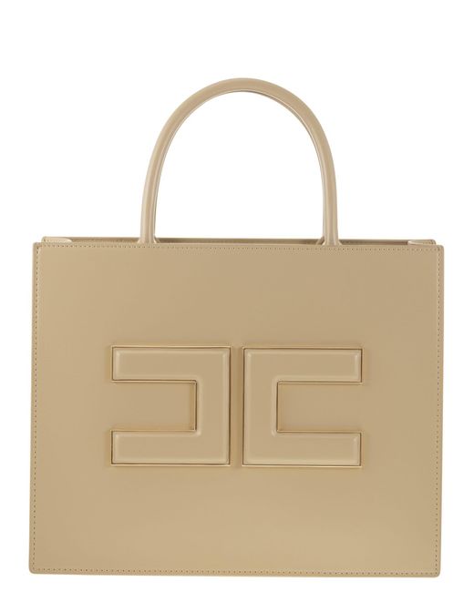 Elisabetta Franchi Medium Shopper Met Logo -plaque in het Natural