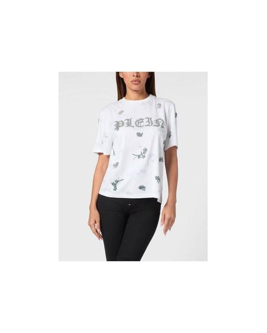 Philipp Plein White T-Shirt Round Neck Ss Flowers