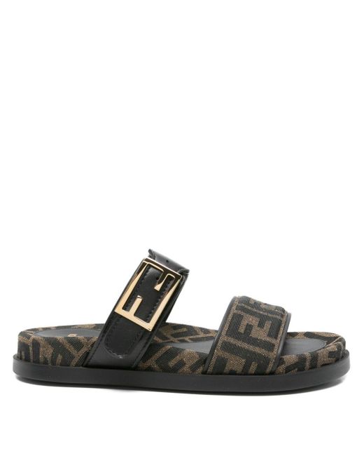 Fendi Black Ff Monogram Leather Sandals
