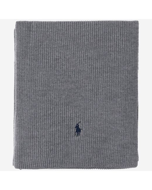 Polo Ralph Lauren Gray Ribbed Wool Embroidered Logo Scarf for men