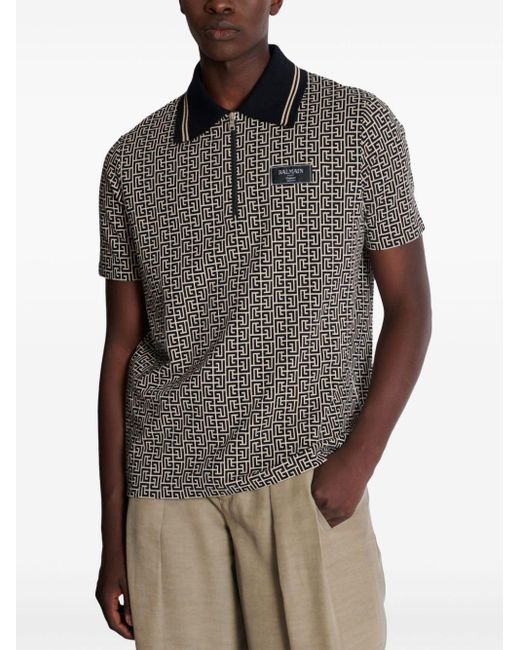 Balmain Black Monogram Zip Polo for men