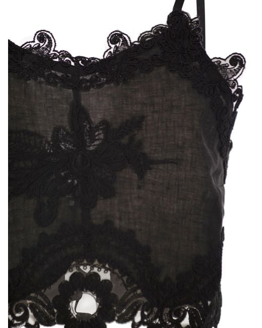 Maurizio Mykonos Black Linen And Rayon Lingerie-Style Top With Embroidery And Corset Back