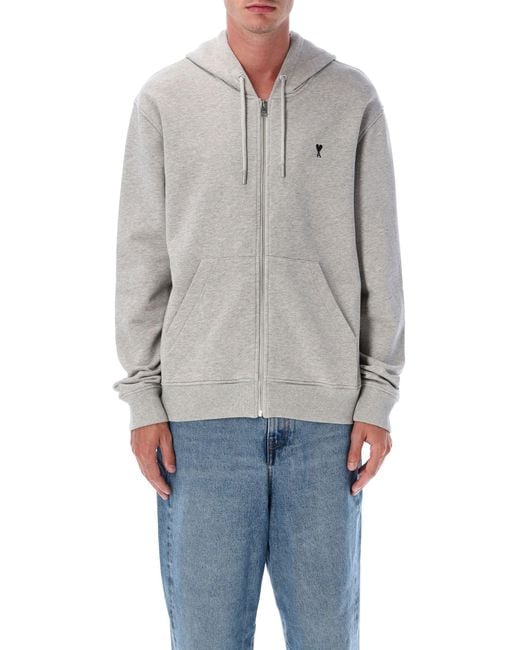 AMI Gray Zip-Front Loopback Cotton Hoodie With Of Coeur Embroidery for men