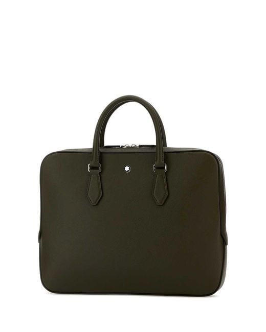 Montblanc Black Olive Green Leather Sartorial Briefcase for men