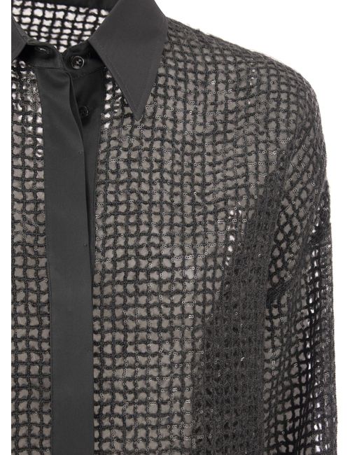 Brunello Cucinelli Silk Dazzling Net Borduurs Shirt in het Gray