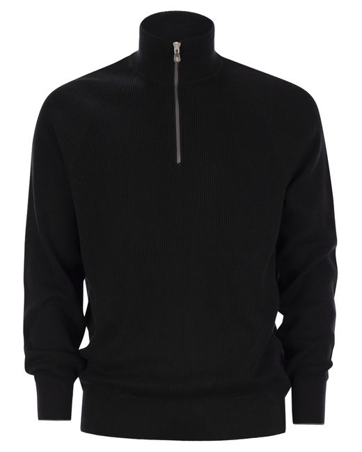 Brunello Cucinelli Black English Rib Cotton Sweater With Zip Opening And Raglan Sleeves for men