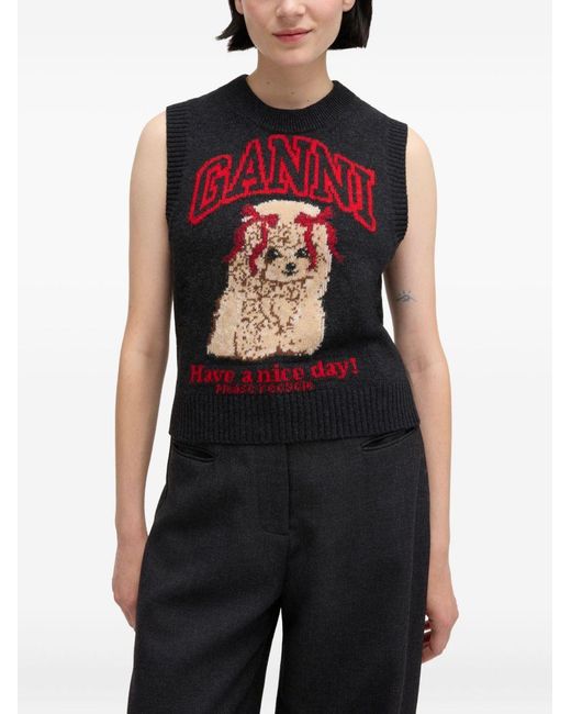 Ganni Wool Graphic Regular-Fit Sleeveless Ribbed Vest in Black | Lyst