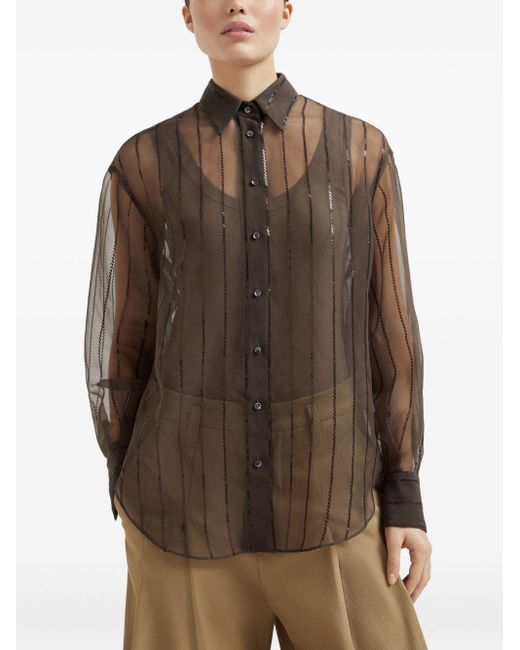 Brunello Cucinelli Brown Silk Sequin-Stripe Shirt