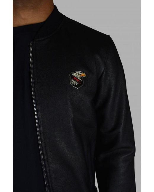 Philipp Plein Black Leather Bomber Jacket With Crest