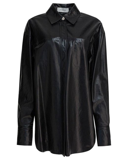 Max Mara Black Glossy Finish Leather Shirt With Classic Collar