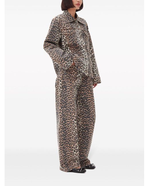Ganni Leopard Print Denim Jacket in het Gray