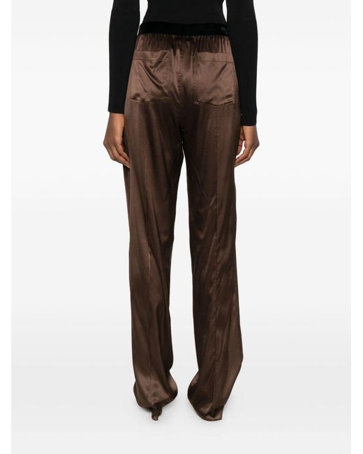 Tom Ford Brown Cinnamon-Colored Stretch Silk Satin Pajama-Style Trousers With Velvet Waistband And Embroidered Logo