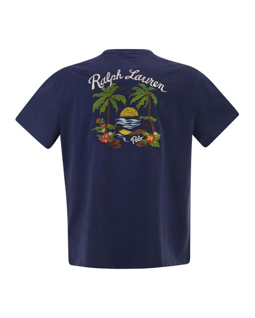 Polo Ralph Lauren Blue Cotton T Shirt With Tropical Embroidered Graphic