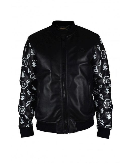 Philipp Plein Black Leather Bomber Jacket With Graphic Sleeves for men