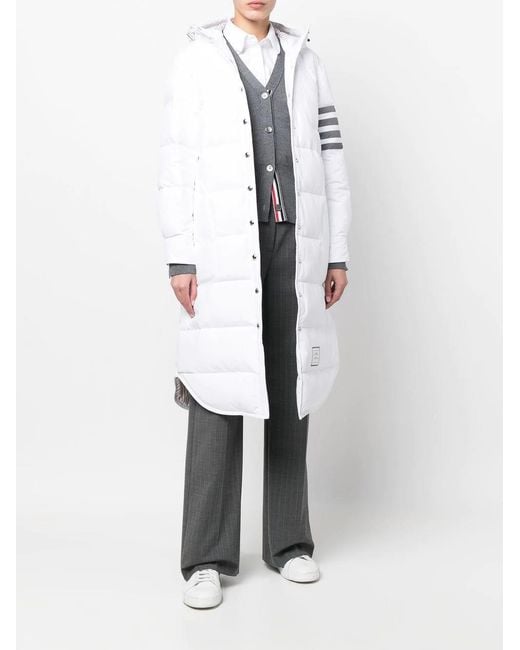 Thom Browne White Down Filled Below Knee Hooded Shirtdress W/ 4 Bar