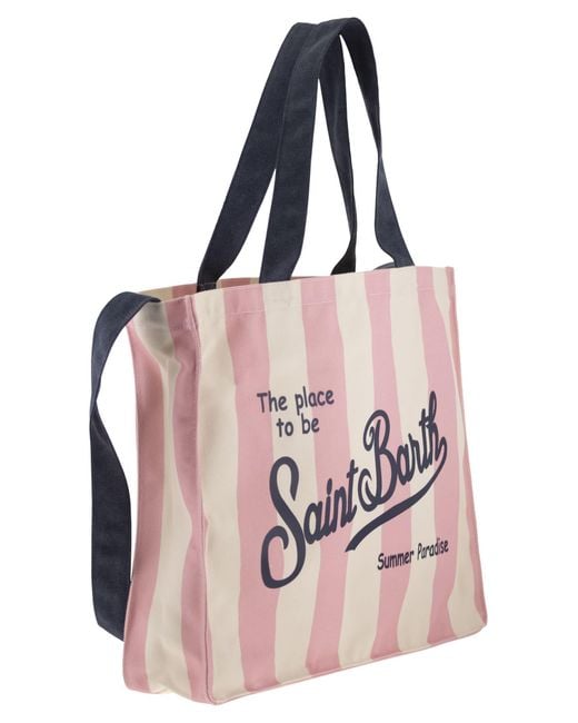 Mc2 Saint Barth Pink Striped Shopping Bag With Saint Barth Logo