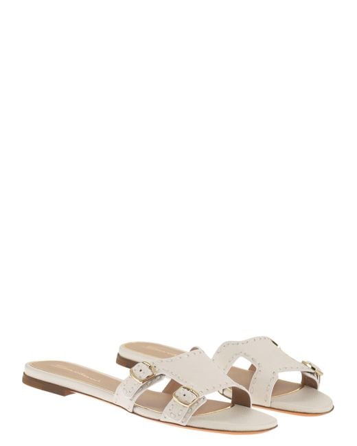 Santoni White Leather Flat Sandals With Double Buckle Straps