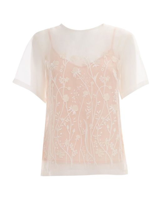 P.A.R.O.S.H. Natural Sheer Silk Blouse With Floral Embroidery