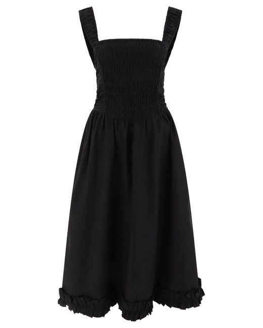 Ganni Poplin Smock Midi -jurk in het Black
