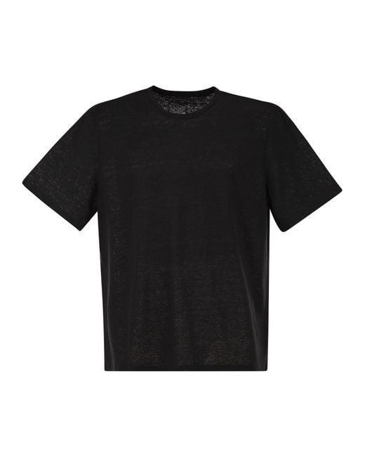 Majestic Black Stretch Linen T Shirt With Round Neckline