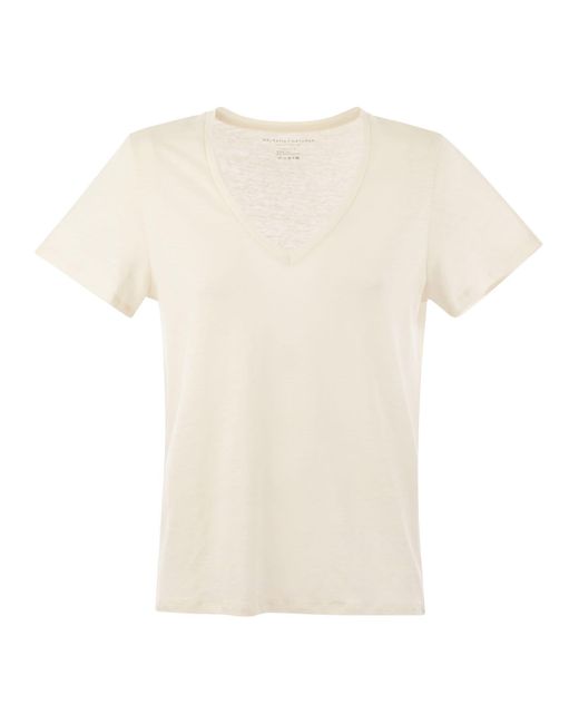 Majestic White Linen V Neck T Shirt With Short Sleeves