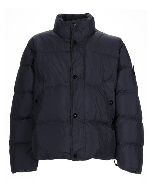 Stone Island Blue Solid Mandarin Collar Jacket for men