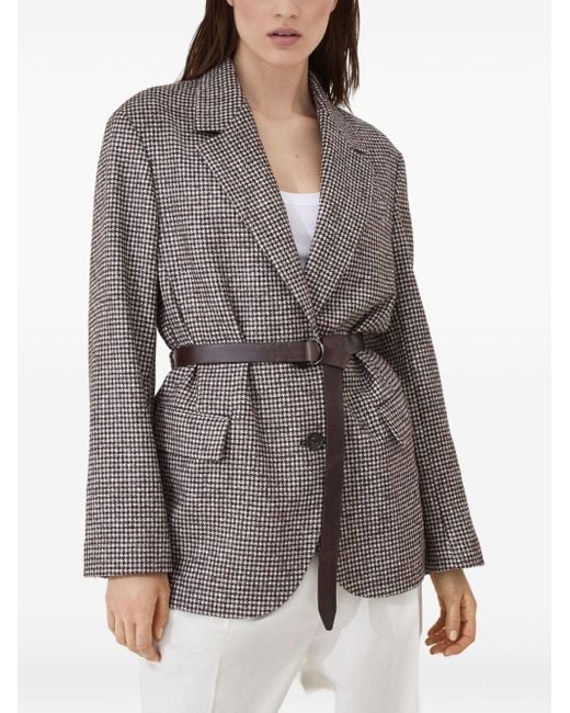 Brunello Cucinelli Brown Belted Blazer With Houndstooth Pattern