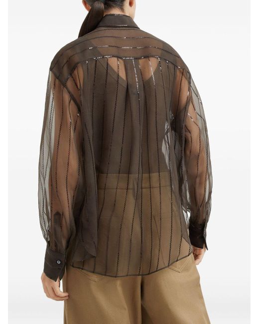 Brunello Cucinelli Brown Silk Sequin-Stripe Shirt