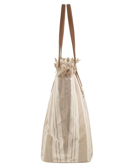 Mc2 Saint Barth Natural City Shopper Bag With Stripes And Embroidered Logo