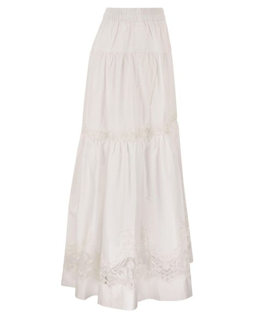 Maurizio Mykonos White Cotton And Rayon Midi Skirt With Embroidered Inserts