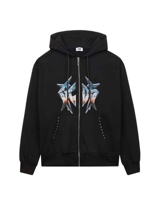 Gcds Black Graphic Print Sweatshirt With Zip And Hood
