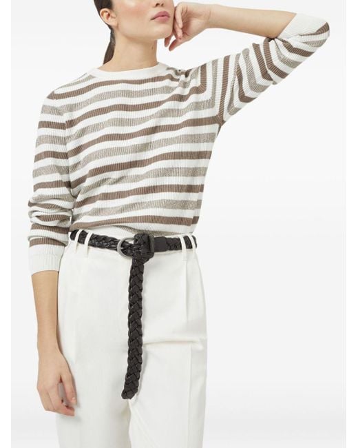 Brunello Cucinelli White Striped Cotton Crewneck Sweater