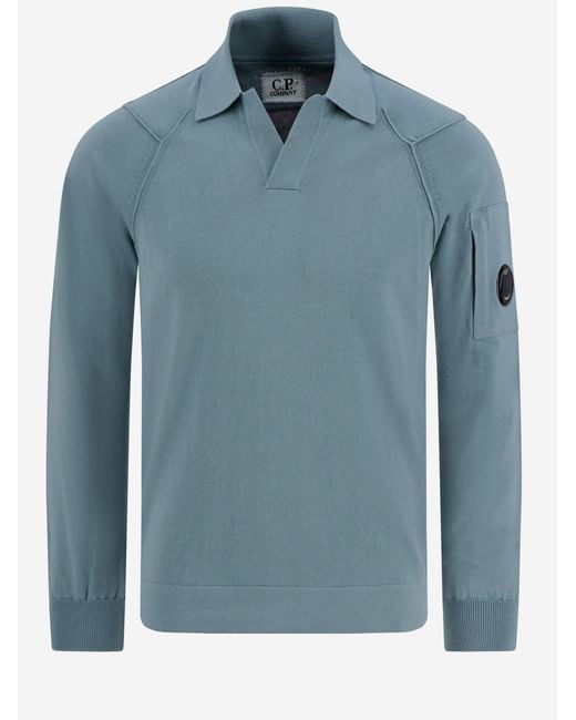 C P Company Blue Long Sleeved Cotton Polo Shirt for men
