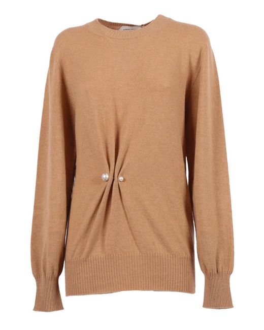 Alberta Ferretti Brown Gathered Cashmere Sweater With Decorative Pearl Accents