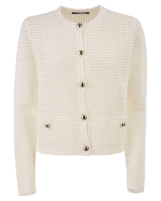 Fabiana Filippi Natural Openwork Knitted Cotton Cardigan With Jewelled Buttons