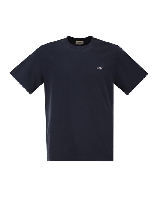 Autry Blue Cotton T-Shirt With Embroidered Logo for men