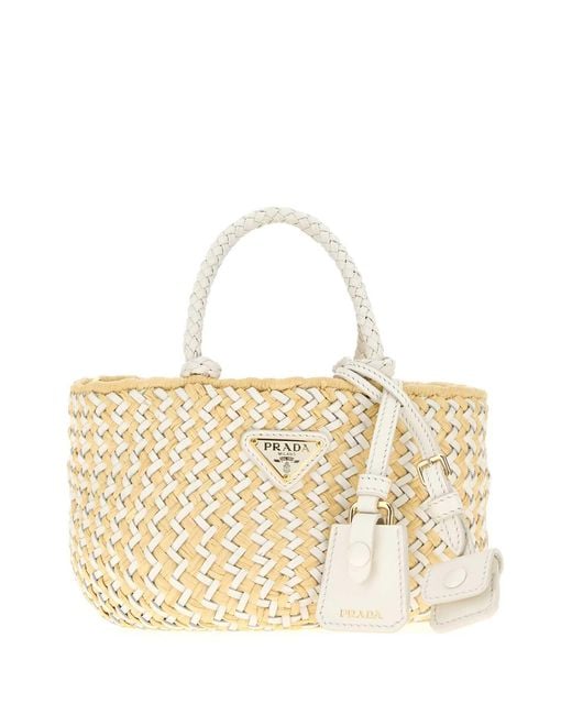 Prada Metallic Two Tone Leather And Raffia Handbag