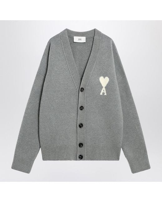 AMI Gray Light Wool Cardigan Ami De Coeur for men