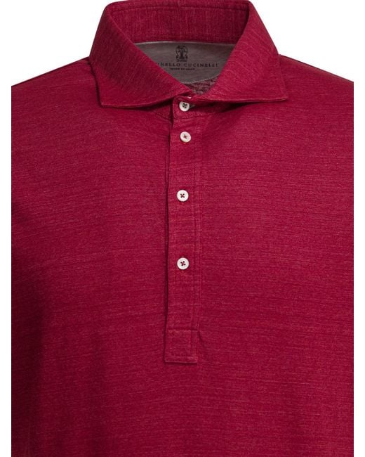 Brunello Cucinelli Red Mélange Jersey Linen Cotton Polo Shirt