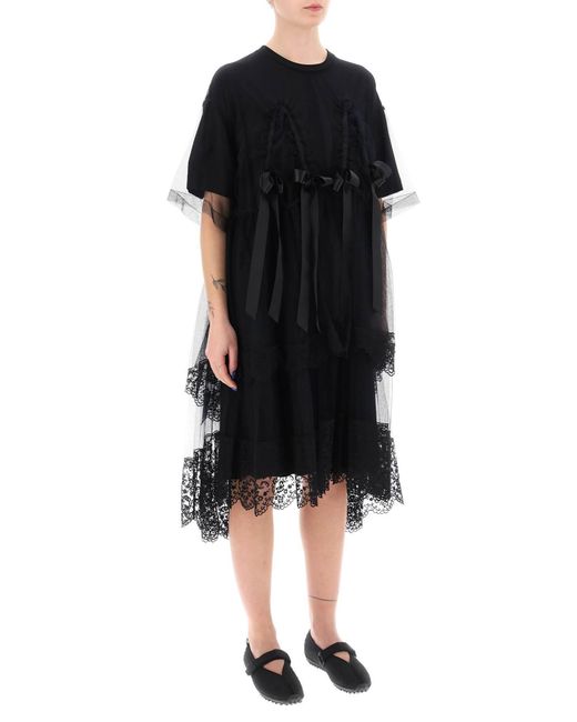 Simone Rocha Black Midi Kleid in Netz mit Spitze und Bögen