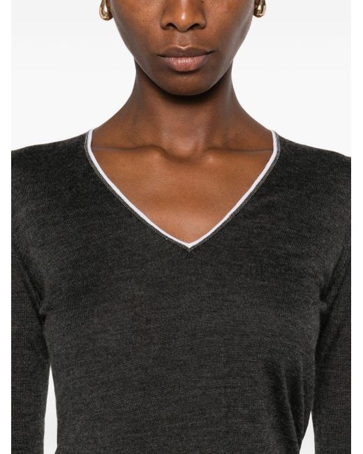 Brunello Cucinelli Black Verzierter Pullover mit V-Ausschnitt