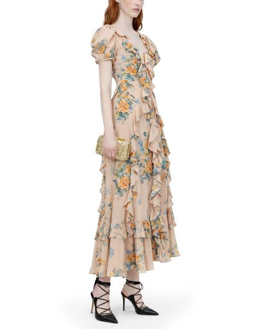 McQueen Metallic Floral Print Ruched Silk Dress