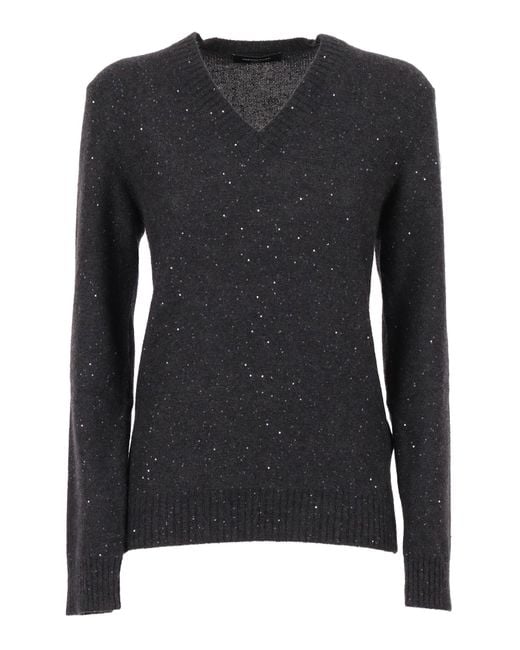 Fabiana Filippi Black Long-Sleeved V-Neck Knit Sweater With Iridescent Sequins