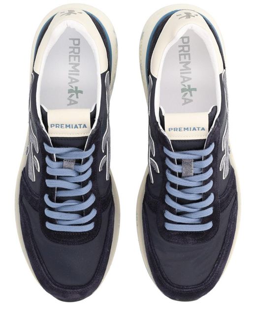 Premiata Blue Dark Base Sneakers With Light Laces And Cream Heel Accent for men