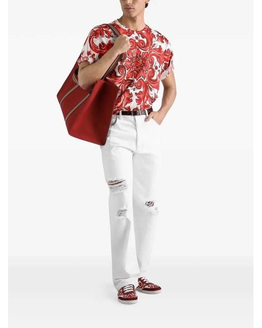 Dolce & Gabbana Red Cotton T Shirt With Majolica Print