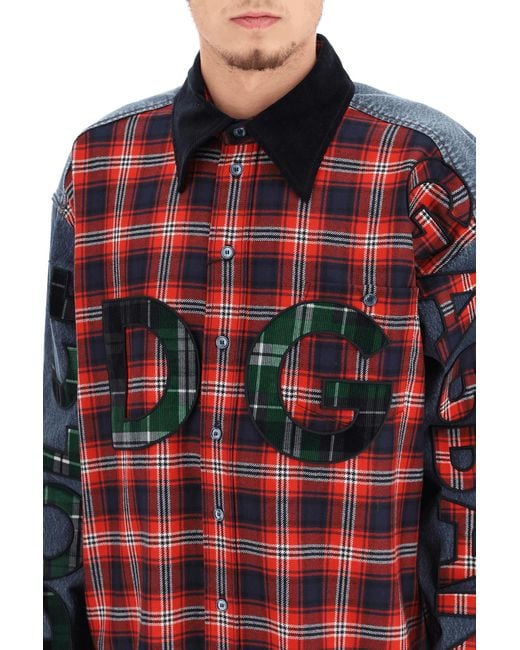 Dolce & Gabbana Übergroßer Denim- und Flanellhemd mit Logo in Red für Herren