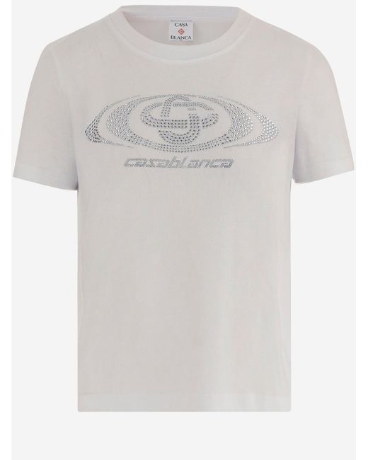Casablanca White Cotton T-Shirt With Rhinestone Logo
