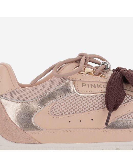 Pinko Brown Leather And Mesh Sneakers With Two-Tone Laces