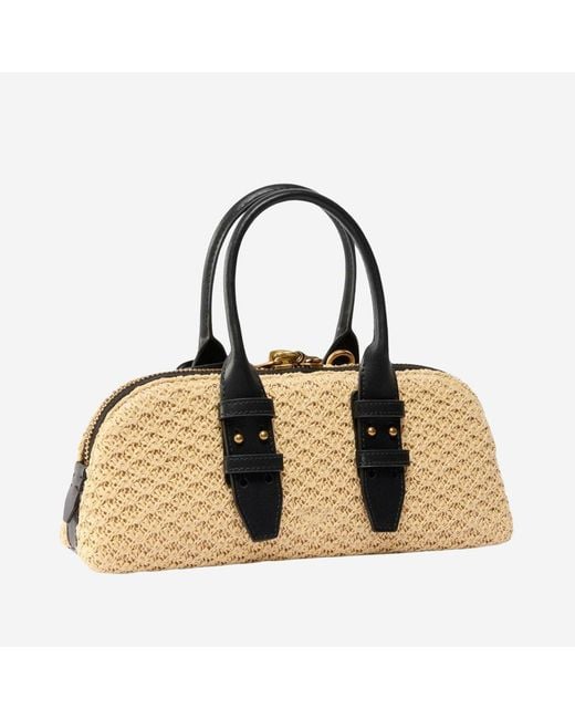 Pinko Brown Bowling Bag Escape Horizontal Leather/Raffia